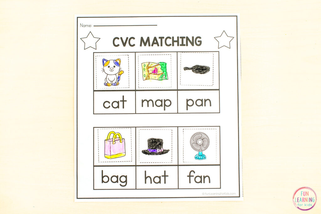 Printable CVC word cut and paste worksheets.