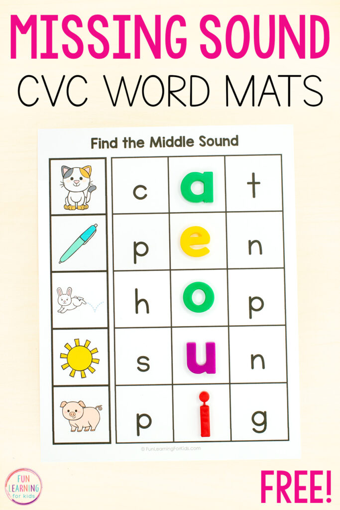 Free printable missing middle sounds CVC word mats for practice with adding phonemes to words.