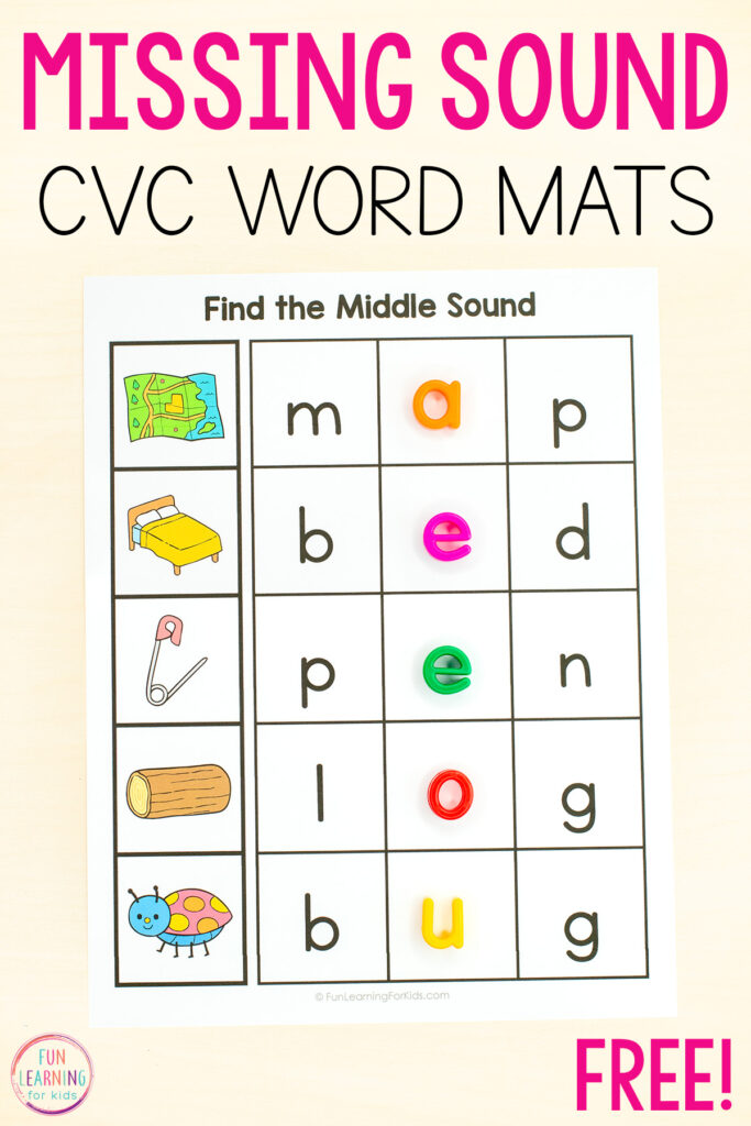 CVC adding phonemes mats for phonemic awareness and phonics practice in kindergarten and first grade.