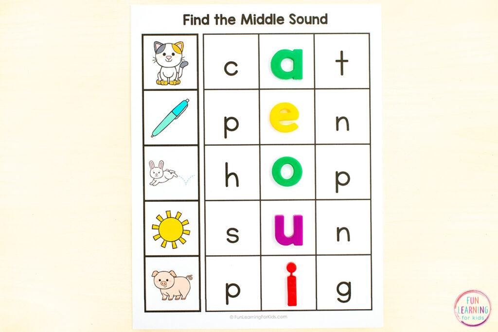 CVC word building mats for practice with adding phonemes and building phonemic awareness.