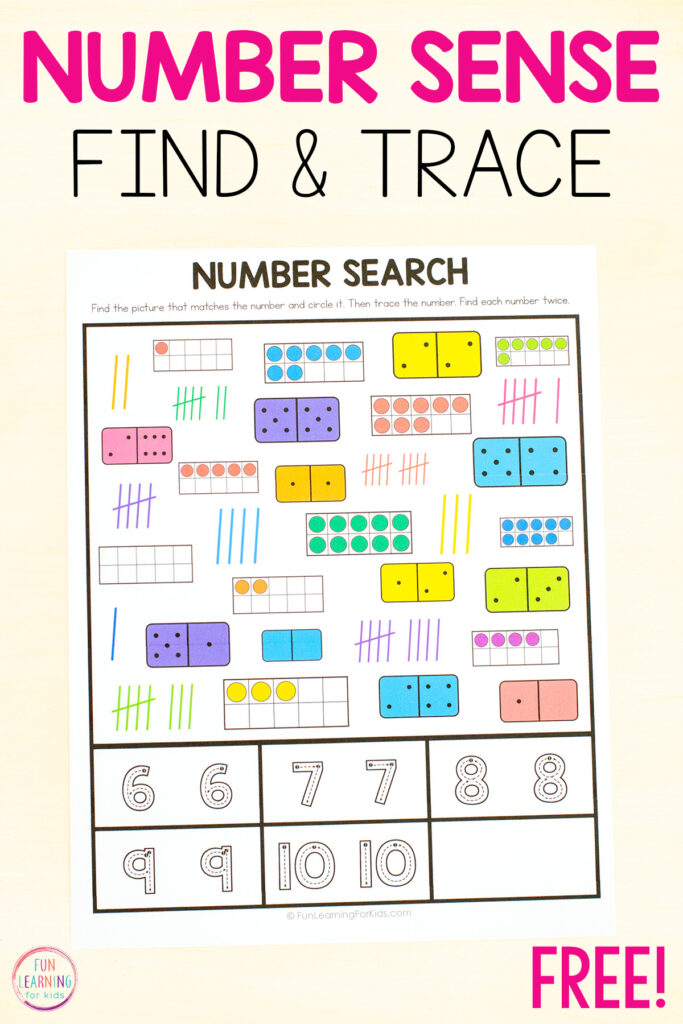 Number sense find and trace the number worksheets for learning counting, number recognition, subitizing and number formation.