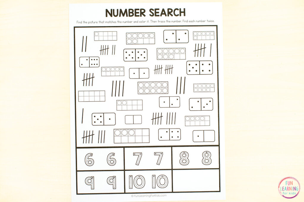 Number sense worksheets for learning numbers with a fun number search activity.