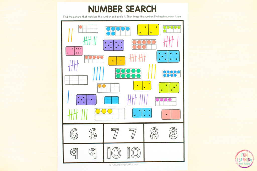 Number sense printable worksheets for learning numbers in kindergarten.