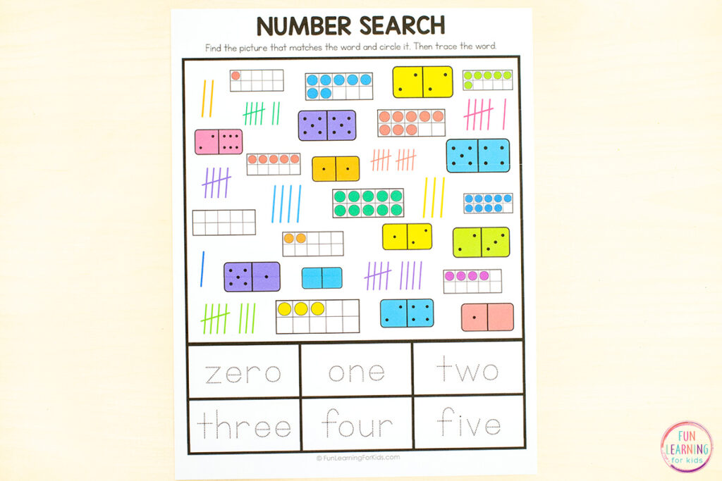 Teach numbers, counting and number formation with these fun number search and trace worksheets.