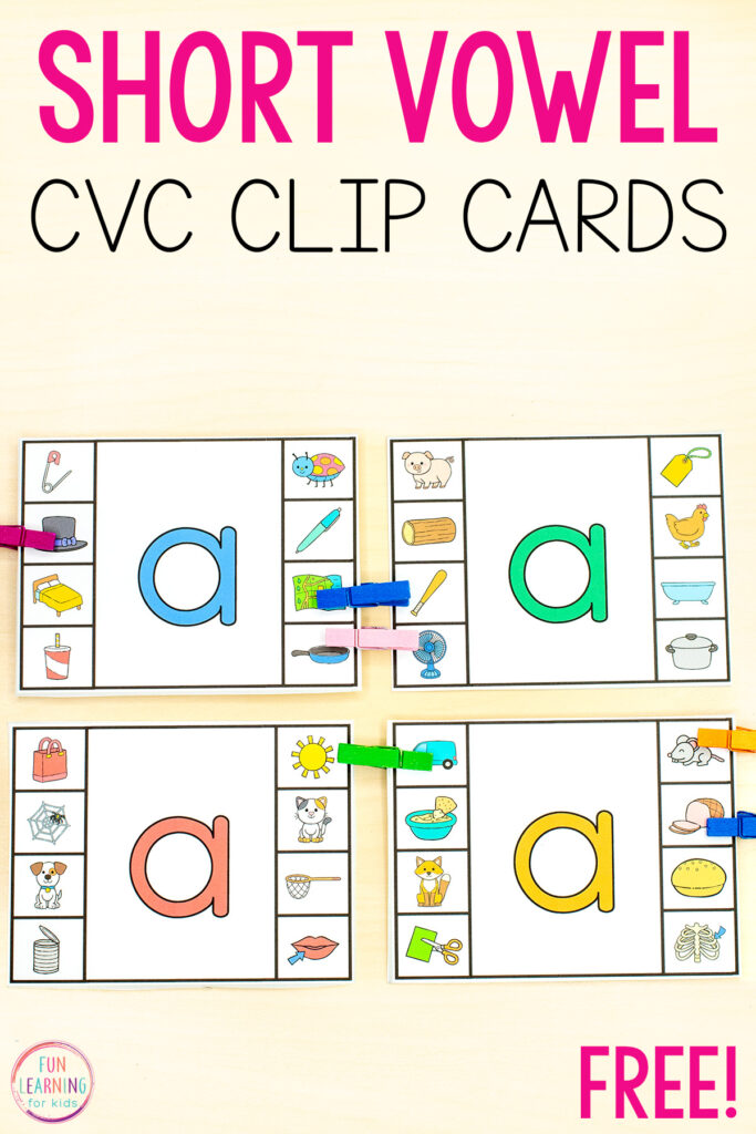 Short vowel sound CVC clip cards for learning to segment phonemes and isolate phonemes during reading or phonics lessons in kindergarten or first grade.