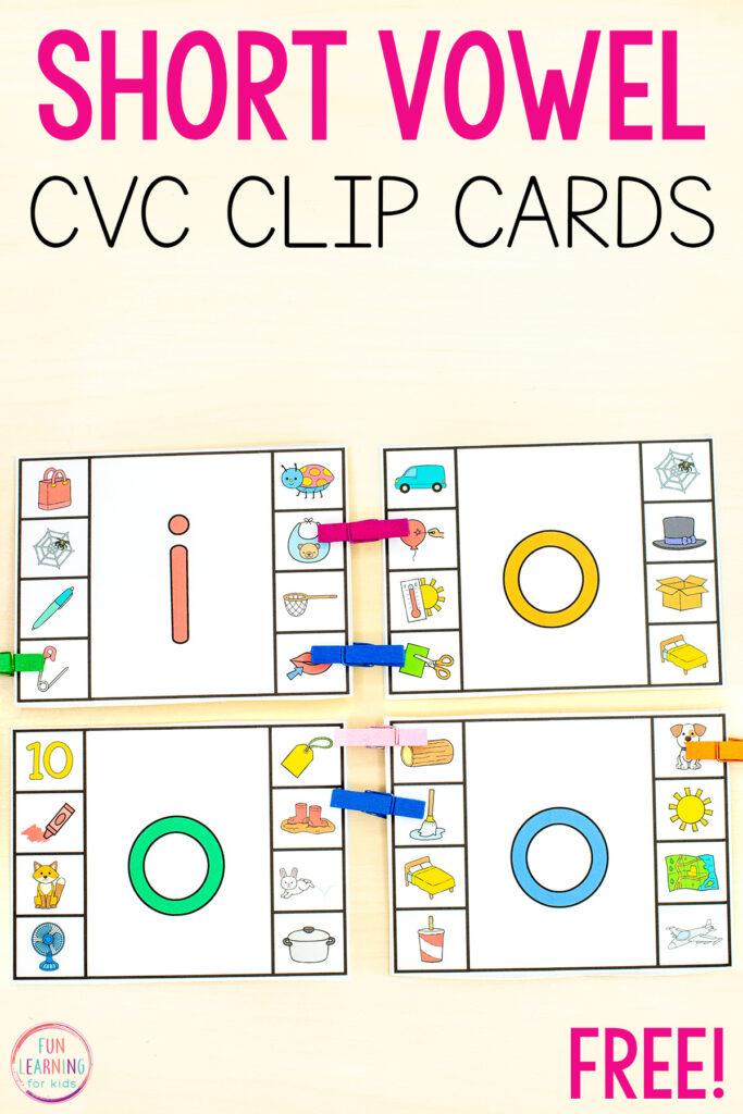 CVC short vowel sounds task cards for your phonics or literacy centers. A fun phonemic awareness activity for kids.