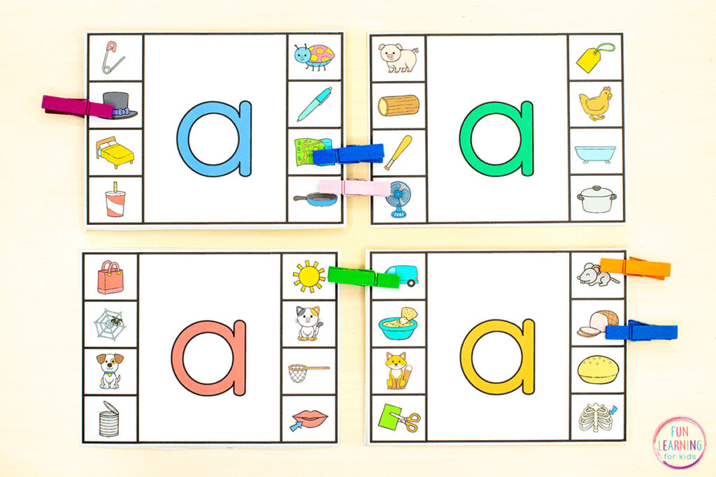 CVC short vowel sounds clip cards for hands-on practice with phonics skills and phonemic awareness.