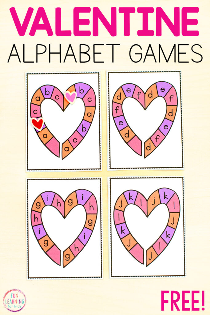 Free printable heart theme alphabet board game task cards for Valentine's Day lesson plans and literacy centers.