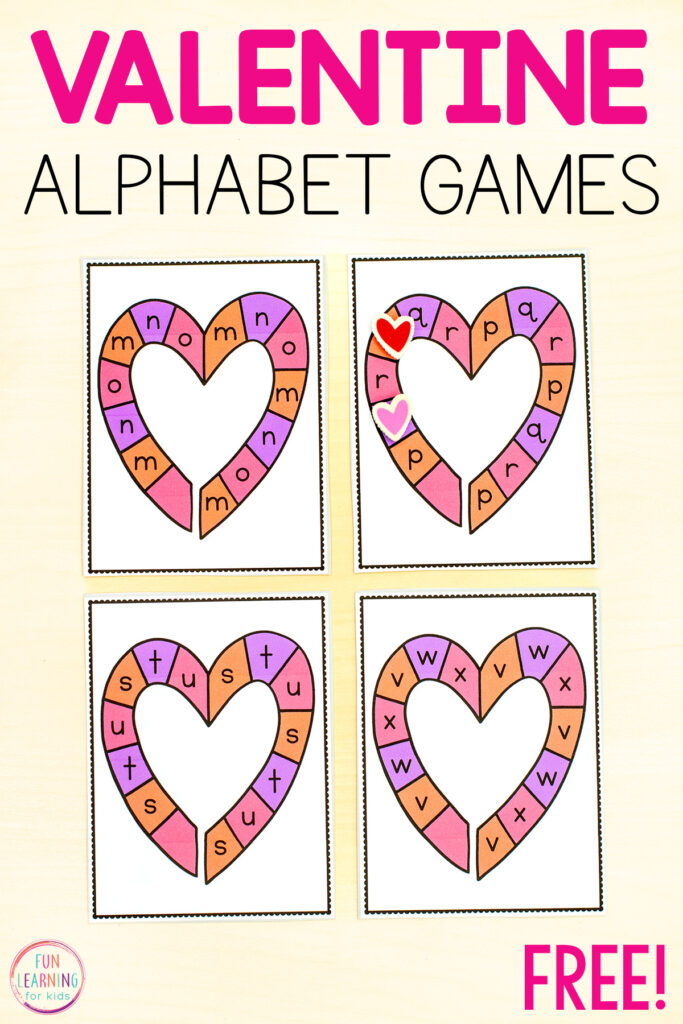 Valentine's Day alphabet board game task cards for learning letters and letter sounds.