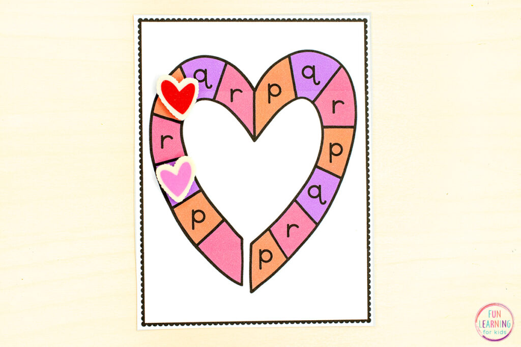 Heart theme alphabet board games for practice with letter identification and learning letter sounds.