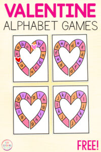 Valentine's Day alphabet board game task cards for kids.