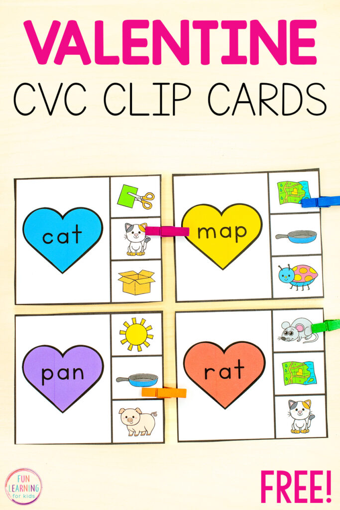 Free printable Valentine's Day CVC words clip cards for practice with reading CVC words.