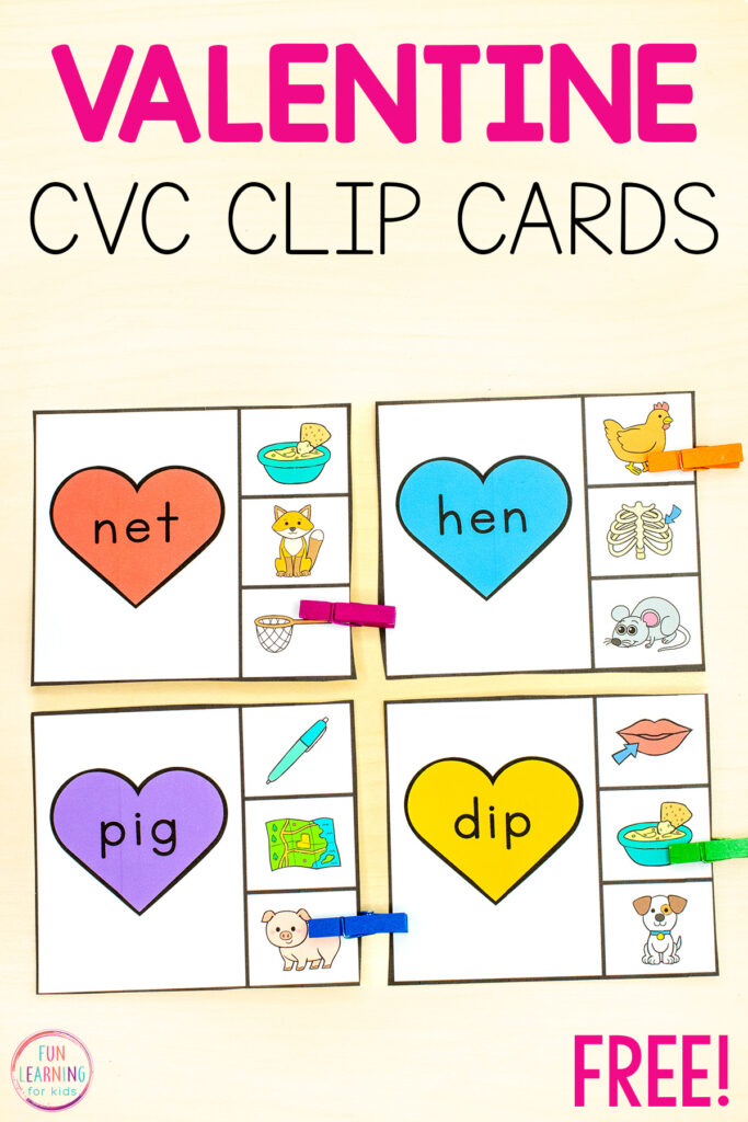 Heart CVC words clip task cards for practice with blending phonemes and reading CVC words. Perfect for Valentine's Day literacy centers in kindergarten.
