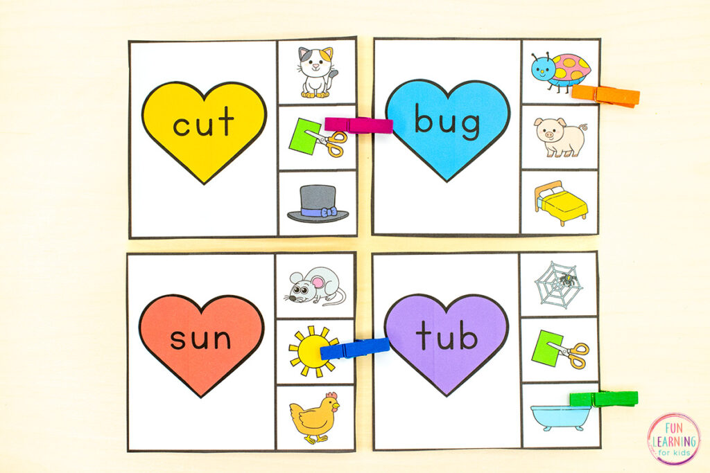 Valentine CVC words phonics activity for practice with blending phonemes to read CVC words. 