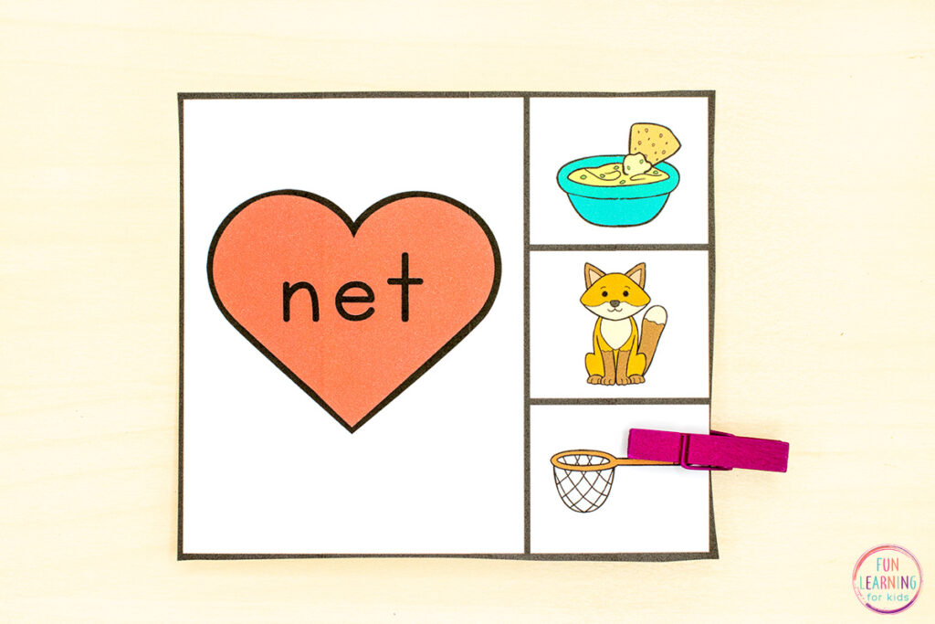A fun heart theme CVC phonics activity for kids to practice reading CVC words in fun, hands-on way.
