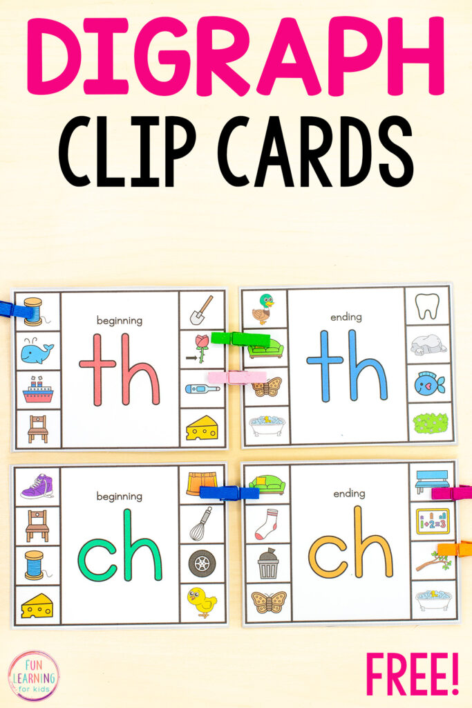 Printable digraph clip cards for learning to digraph recognition, phoneme isolation and reading words with beginning and ending digraphs.