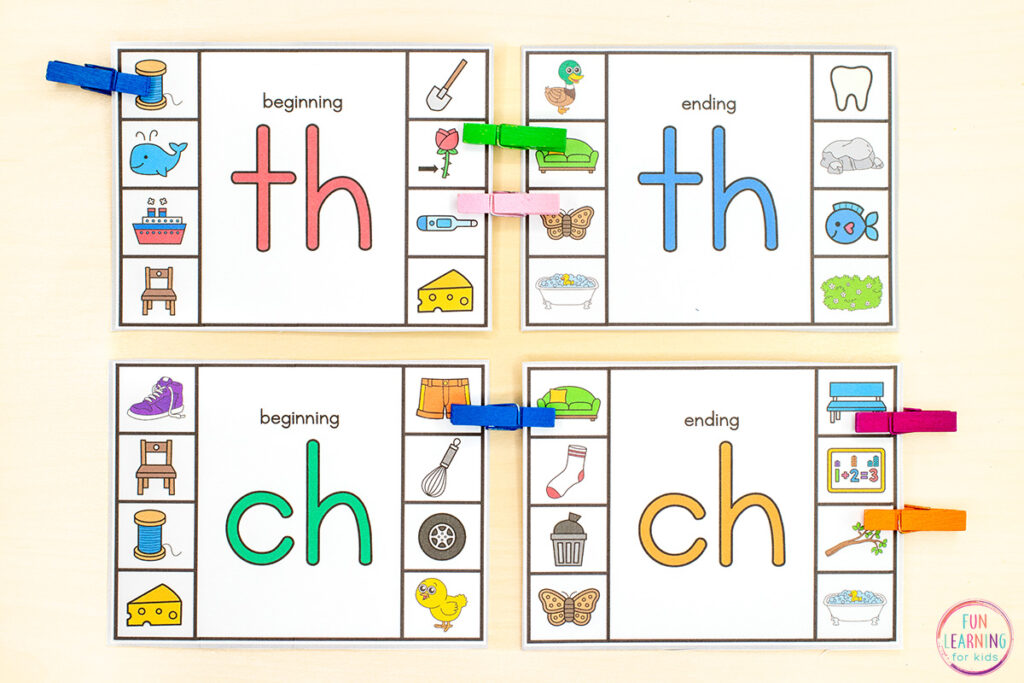 Digraph clip cards give kids a hands-on way to develop phonemic awareness, phonics skills and fine motor skills.