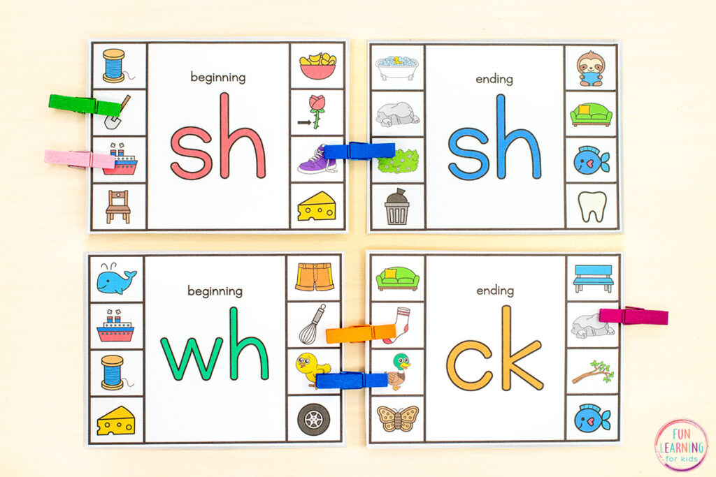 Free printable beginning and ending digraphs activity for phonics centers.