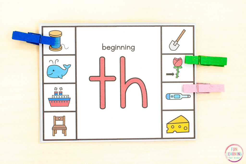 Clip cards that have a digraph in the middle and 8 words pictured along the edges of the card. Students find the 3 words on the card that have that digraph.