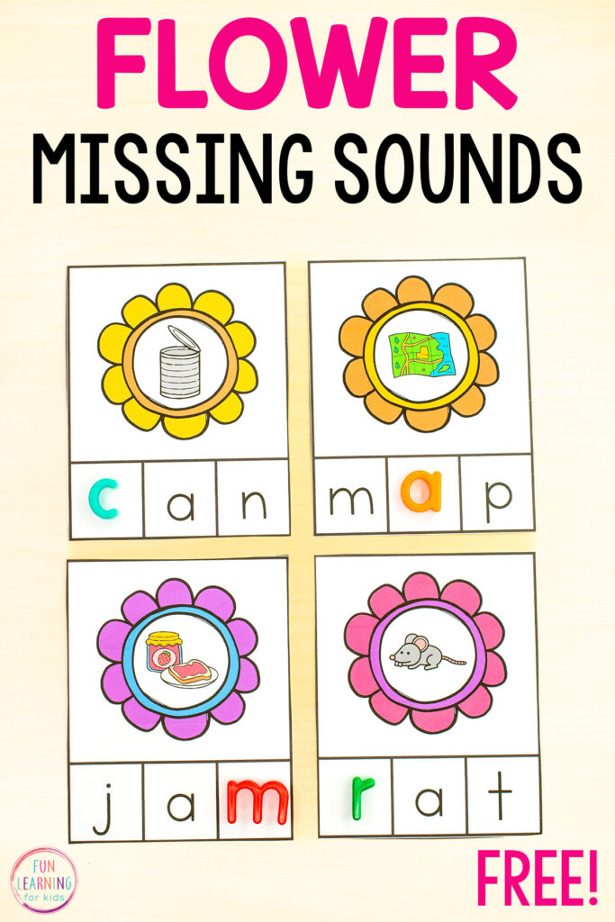 Spring flower theme missing sounds task cards for practice with adding phonemes and building phonemic awareness using simple CVC words.