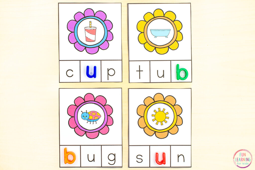 A fun spring theme phonics activity for developing phonemic awareness and learning to spell CVC words.