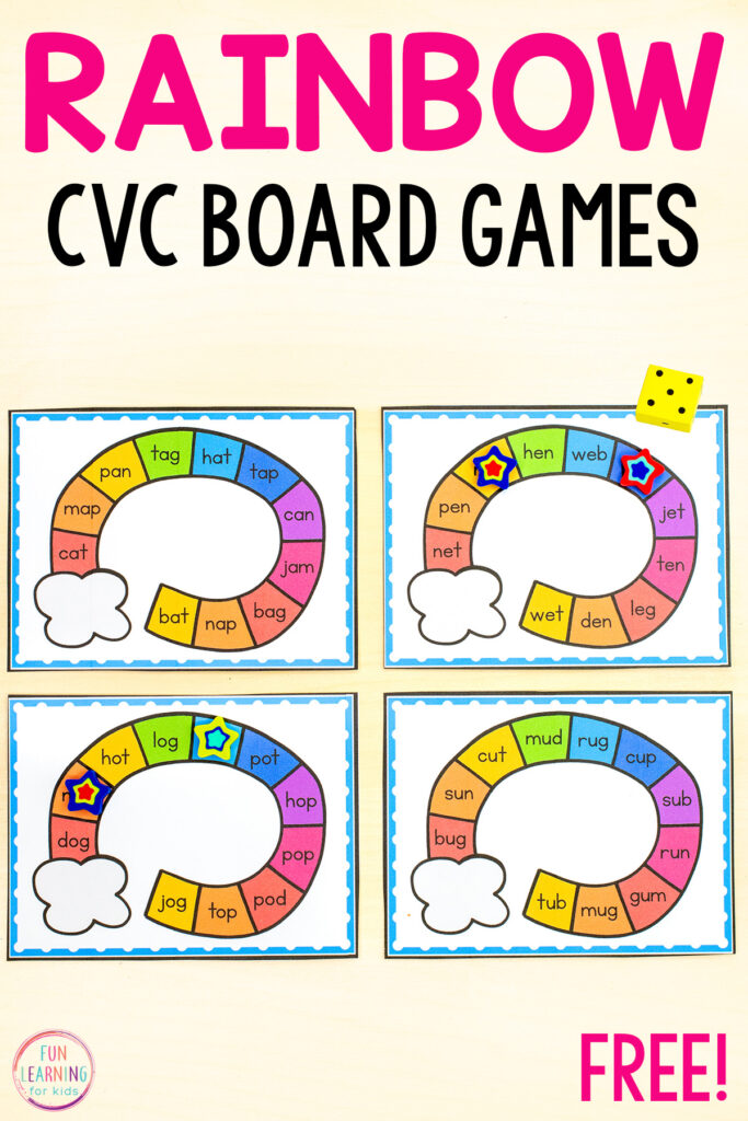 Rainbow CVC board game task cards for practice with reading CVC words and developing fluency. Perfect for St. Patrick's Day activities.