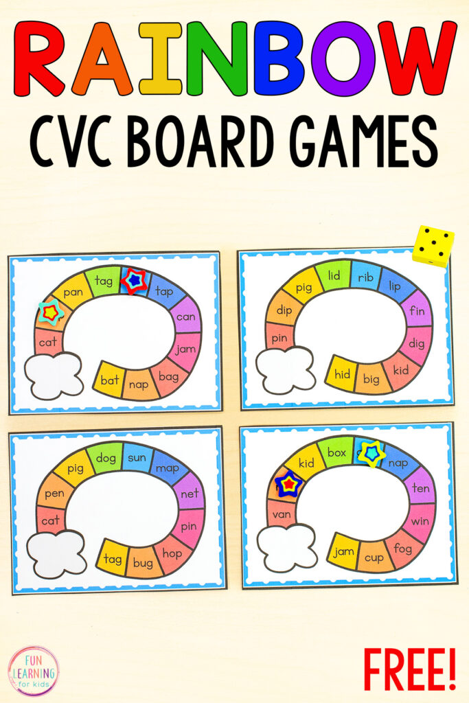 St. Patrick's Day CVC words board game for practice with blending phonemes and reading CVC words.