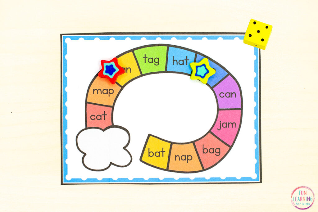 Free printable CVC board games for fun practice with reading CVC words and building fluency.