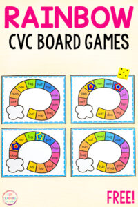 Rainbow theme CVC words board games for learning to read CVC words in kindergarten.