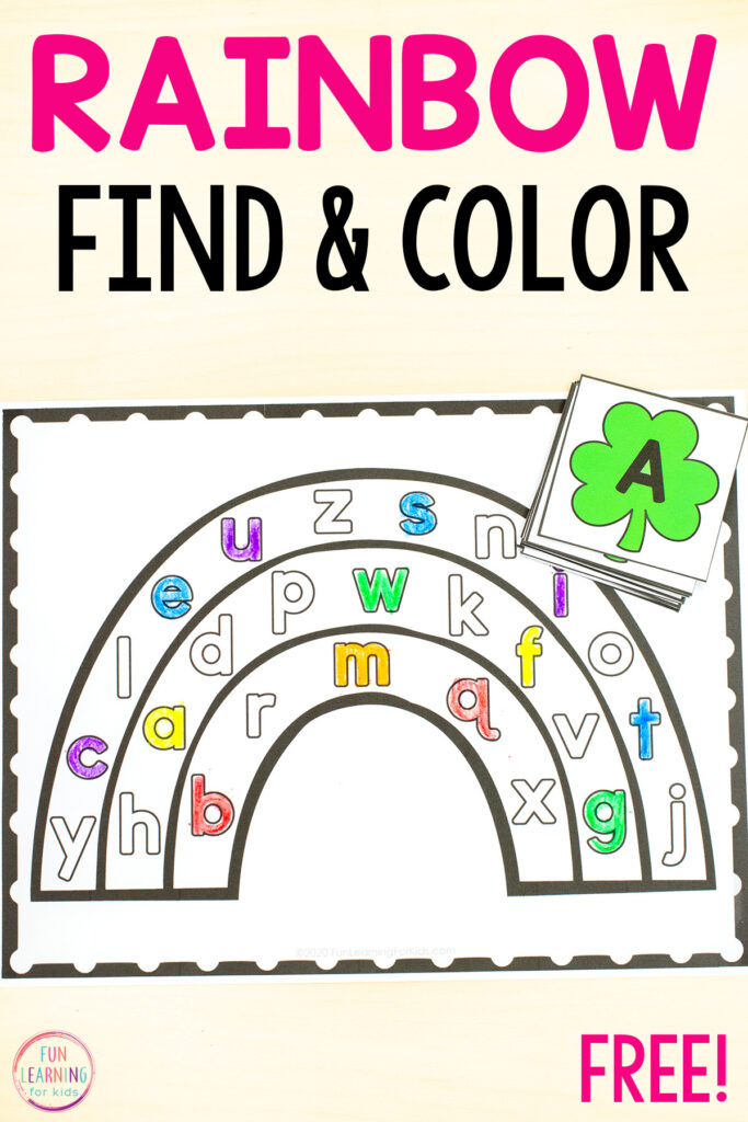 Free printable St. Patrick's Day rainbow find and color alphabet activity for learning letters and letter sounds.