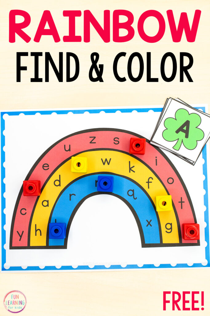 Rainbow find and color the letters alphabet printable for practice with letter recognition and letter sound isolation in preschool, pre-k and kindergarten.