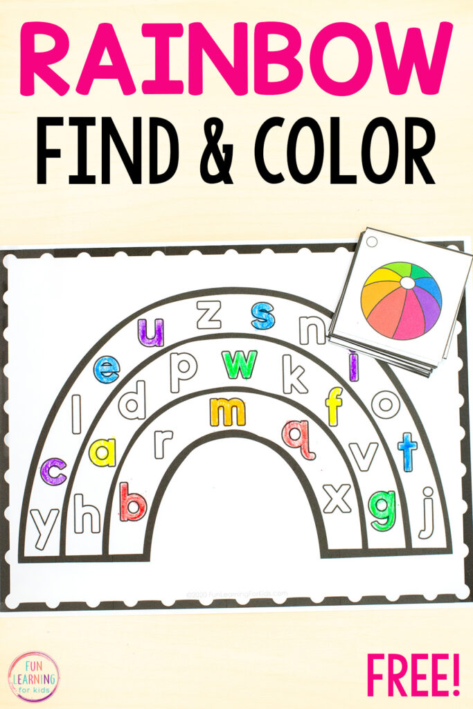 Rainbow theme alphabet activity for practice with letter recognition and beginning letter sounds in kindergarten.