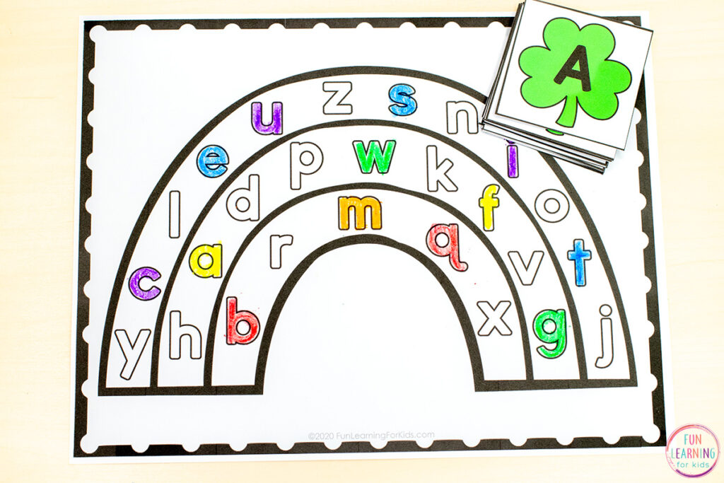 Learn letters and letter sounds with a fun rainbow alphabet printable activity.