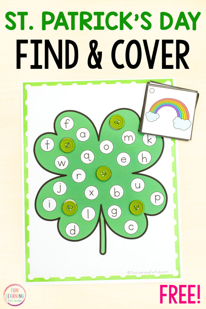 St. Patrick's Day find and the cover the letter alphabet activity for kids to learn letters and letter sounds in pre-k and kindergarten.