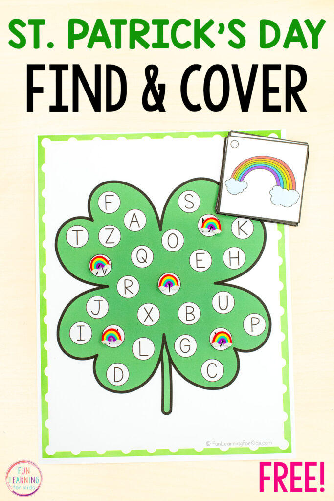 Four leaf clover St. Patrick's Day alphabet activity for kids to learn letter recognition and beginning letter sounds.