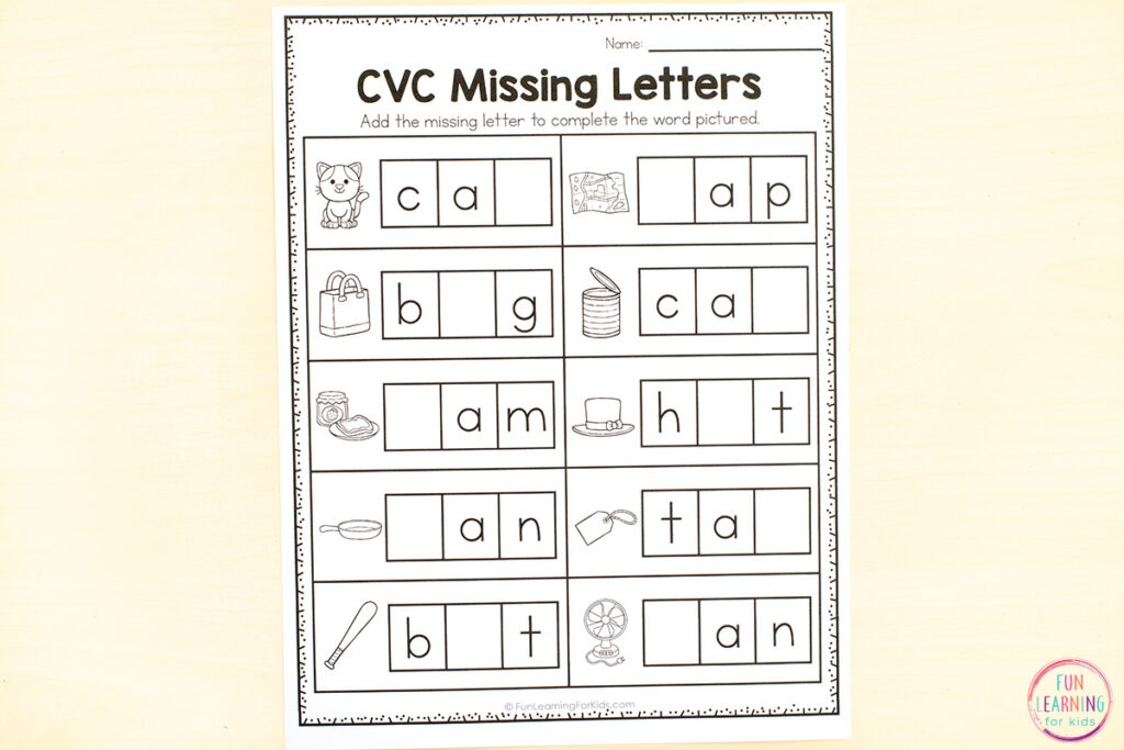 CVC word practice sheets for learning to segment sounds and spell CVC words.