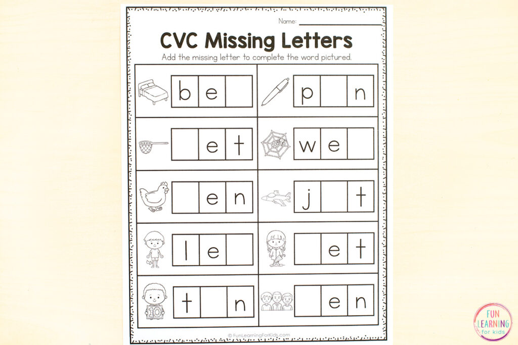 Free printable CVC word practice pages for kids to learn to spell CVC words while getting additional practice with segmenting and blending sounds.
