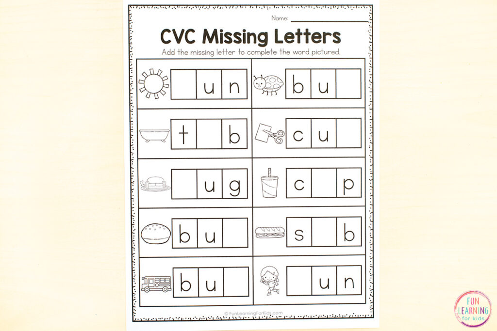 CVC word practice worksheets for kids to practice segmenting phonemes, blending phonemes, isolating phonemes and building phonemic awareness.