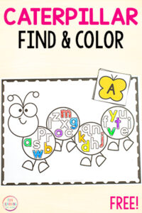 Caterpillar find and color the letter mats for alphabet letter recognition practice for kids.