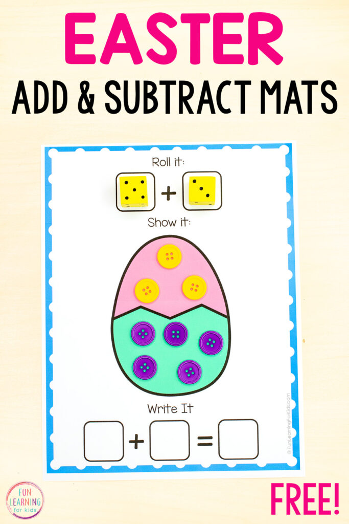 Free printable Easter addition and subtraction activity mats for kids to practice math skills.
