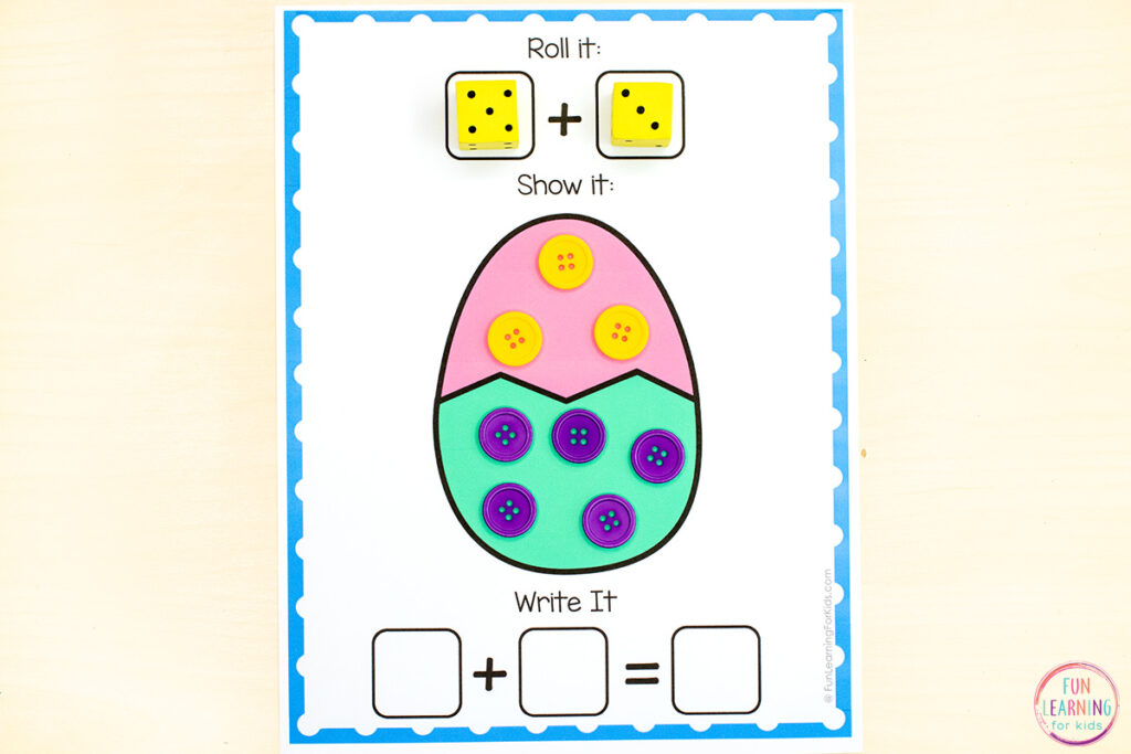 Easter egg addition activity that gives kids a hands-on way to practice addition and subtraction math skills.