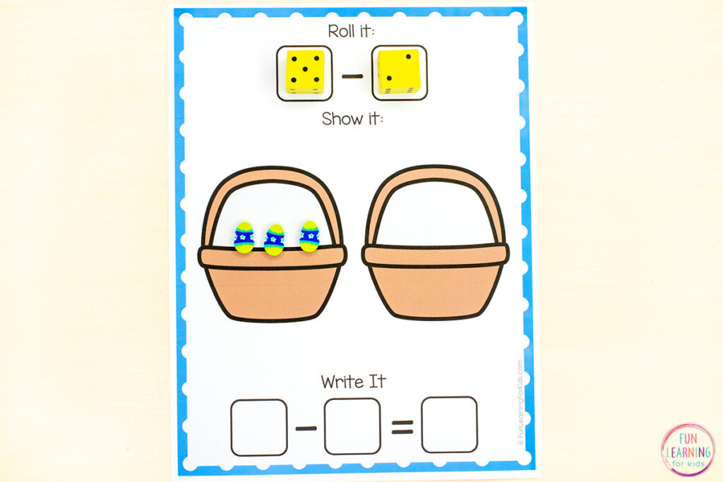 Printable Easter subtraction math activity for practice with math skills.