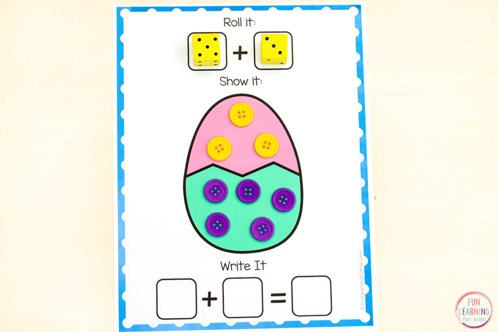 Easter egg math activity for hands-on practice with adding and subtracting.