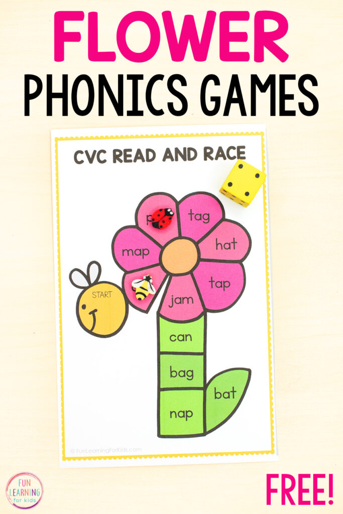 Flower theme phonics board games for practice with reading CVC words, CVCC and CCVC words and words with blends and digraphs.