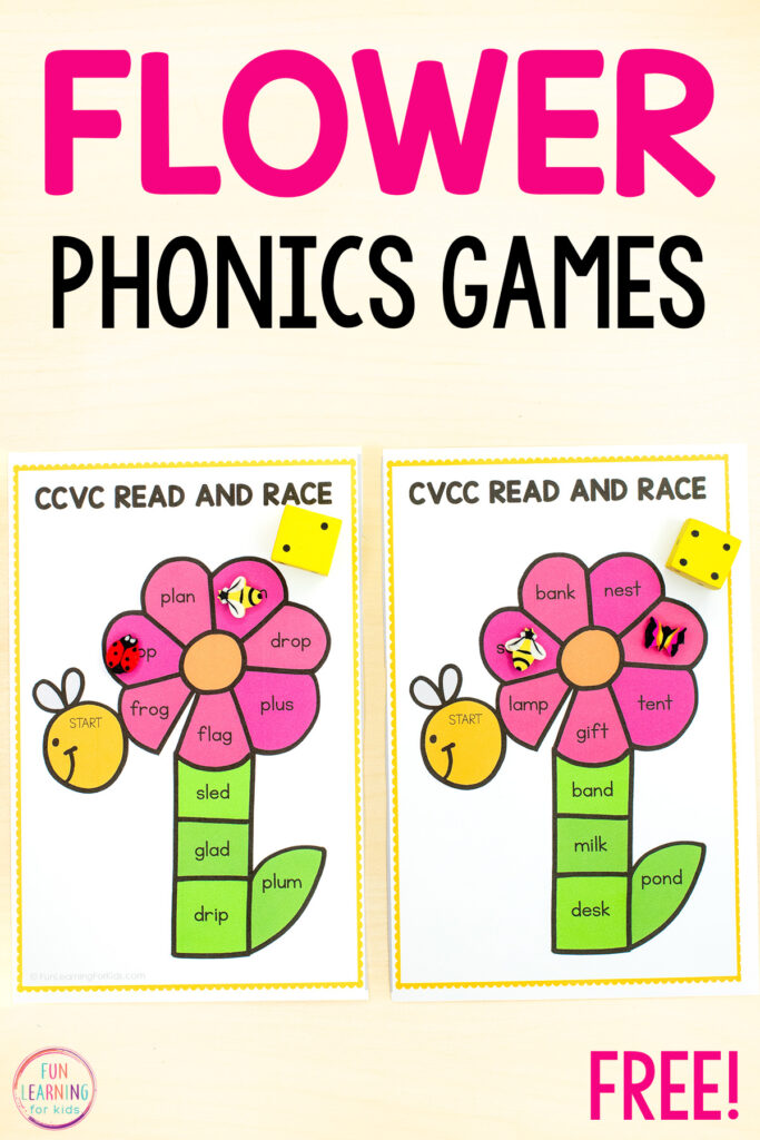 Spring flower phonics games to practice reading CCVC and CVCC words.