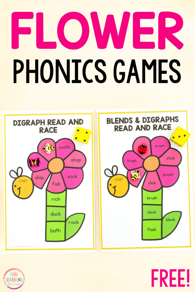 Board games for phonics practice in kindergarten and first grade.