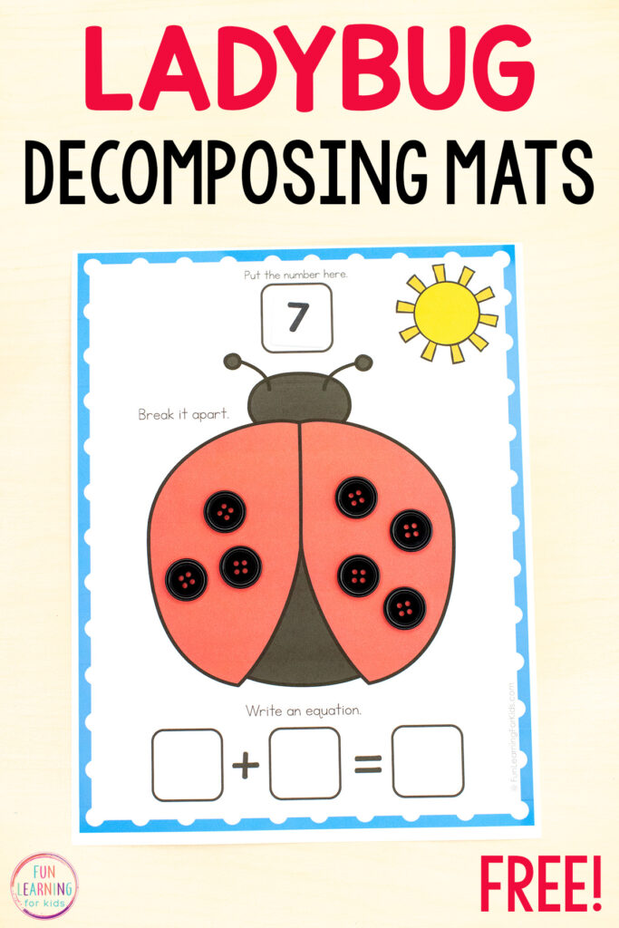 Free printable insect theme decomposing numbers mats for practice with number composition while building number sense.