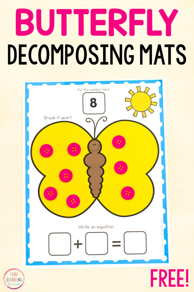 Butterfly number sense activity for practice with decomposing numbers and writing number sentences.
