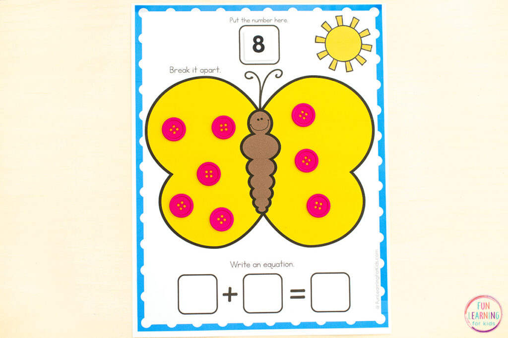 Spring theme decomposing numbers math activity to build number sense.