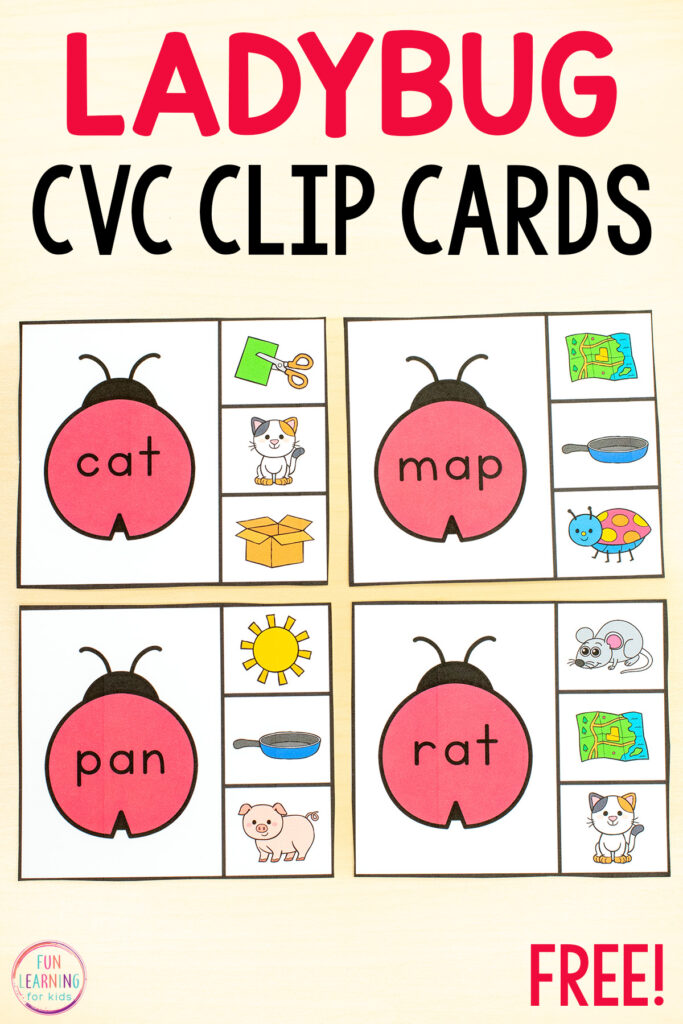 Ladybug CVC clip cards for practice with reading CVC words in kindergarten.